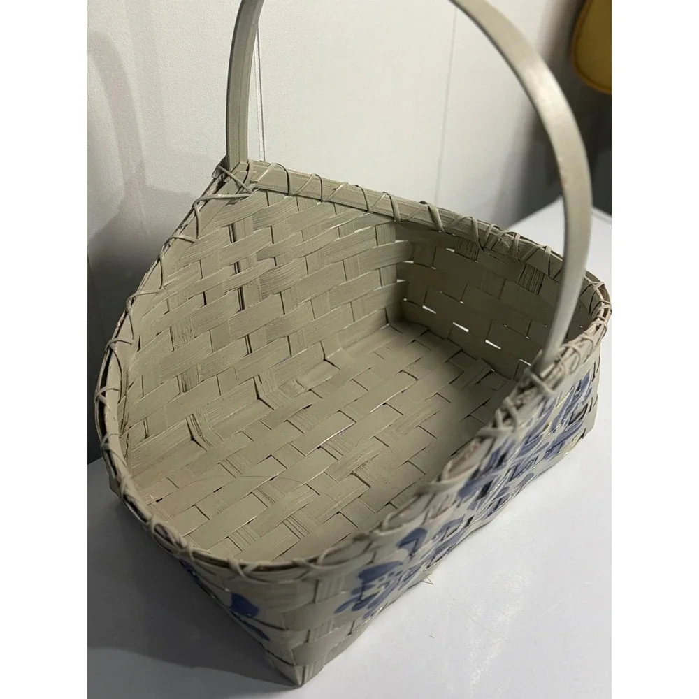 VTG Pfaltzgraff Yorktowne Woven Wood Basket Gray Blue Floral Farmhouse Handle